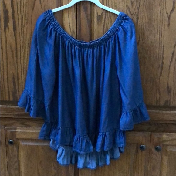 Tops - Denim off the shoulder top with flounce sleeves